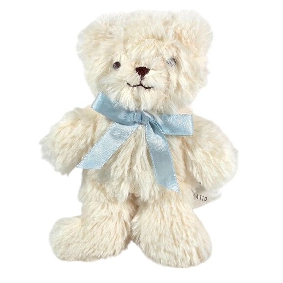 HK City Toys Cream Plush Teddy Bear Stuffed Animal Blue Satin Bow Soft Small - Picture 1 of 6